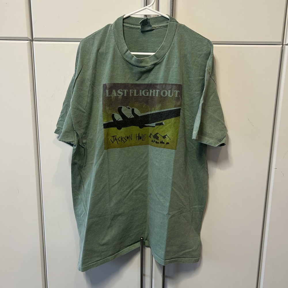 Vintage Anvil Jackson Hole Last Flight Out T-Shirt XL Green Pigment Dye USA Made